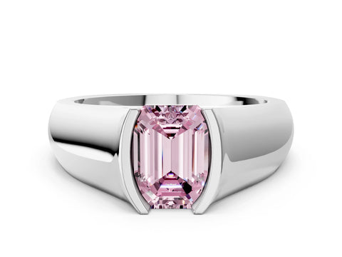 White gold Fancy Pink Emerald Cut Solitaire Bezel Set Diamond Ring with Wide Band_12