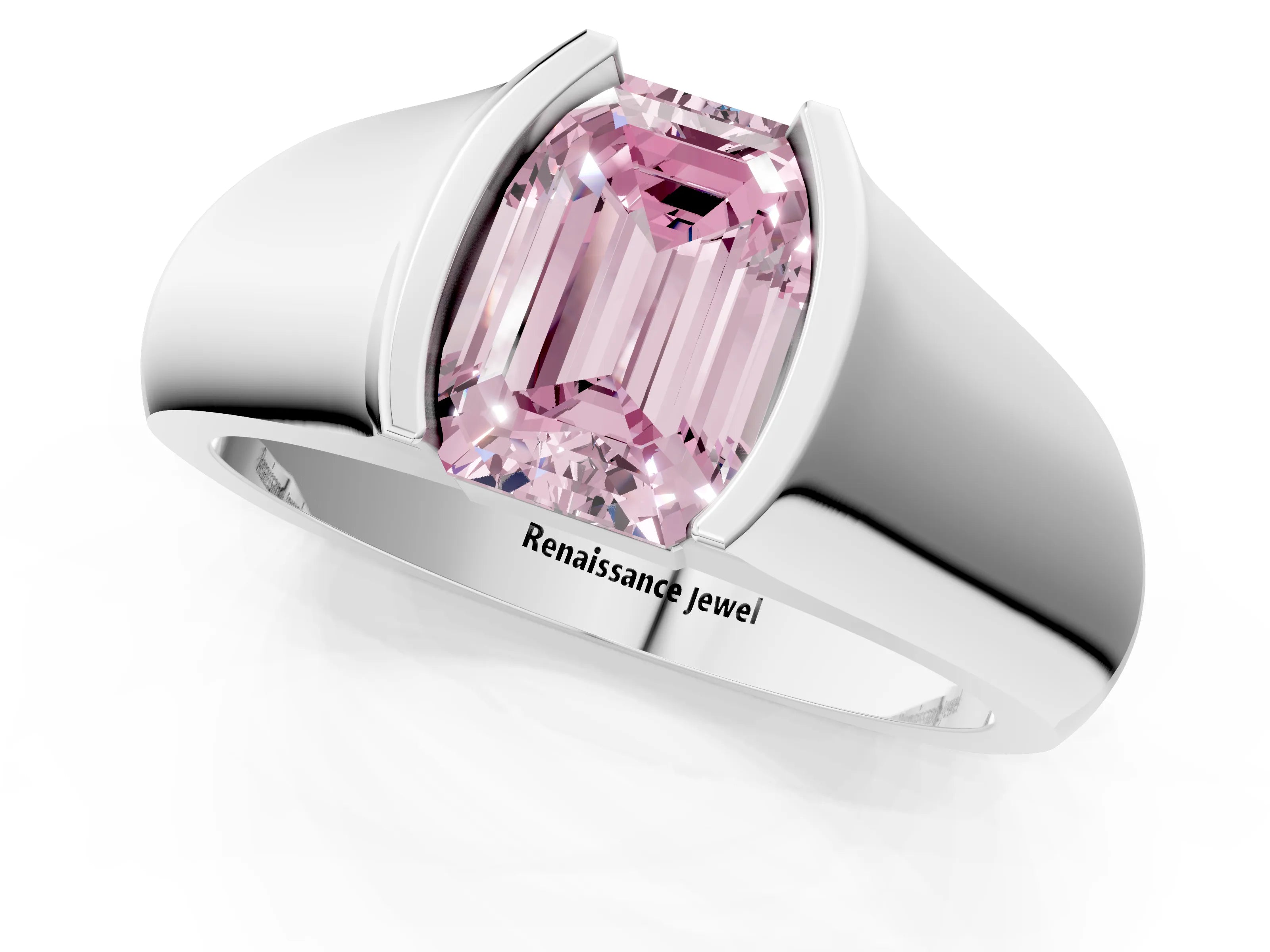 White gold Fancy Pink Emerald Cut Solitaire Bezel Set Diamond Ring with Wide Band_13