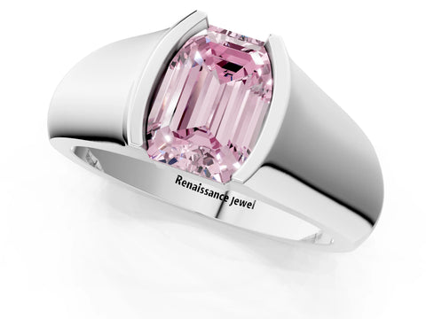 White gold Fancy Pink Emerald Cut Solitaire Bezel Set Diamond Ring with Wide Band_13