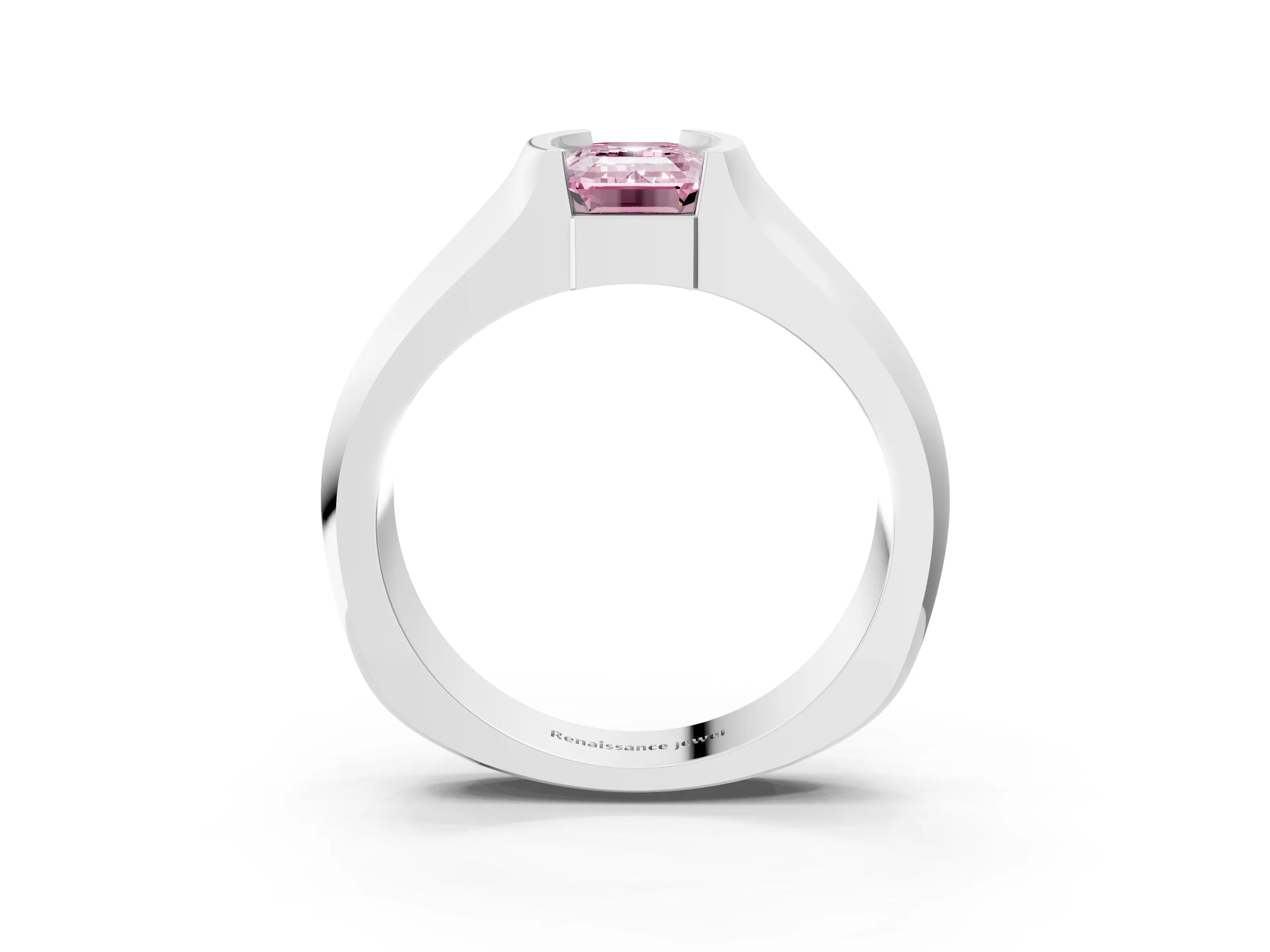 White gold Fancy Pink Emerald Cut Solitaire Bezel Set Diamond Ring with Wide Band_15