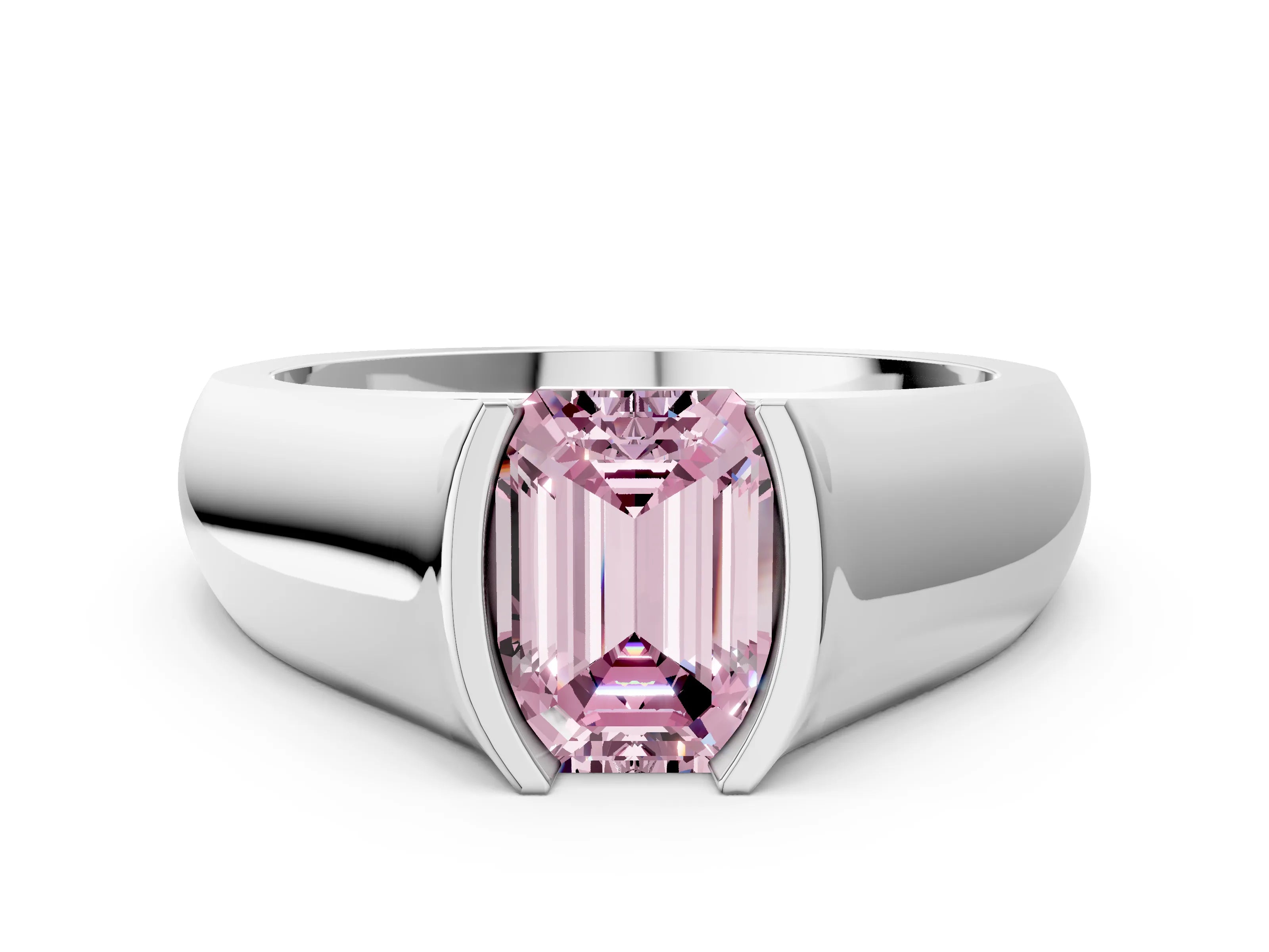 White gold Fancy Pink Emerald Cut Solitaire Bezel Set Diamond Ring with Wide Band