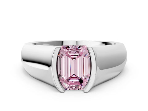 White gold Fancy Pink Emerald Cut Solitaire Bezel Set Diamond Ring with Wide Band