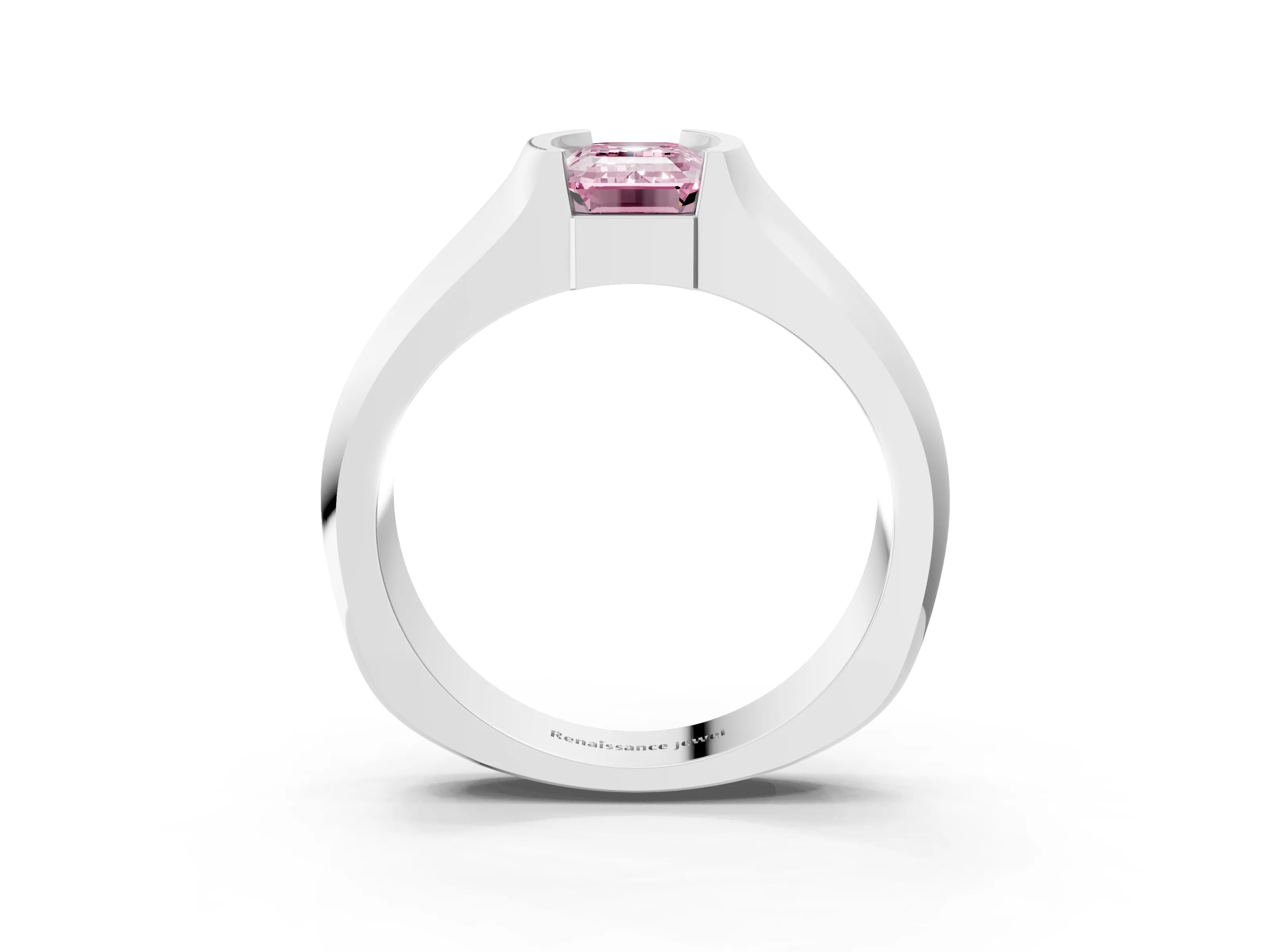White gold Fancy Pink Emerald Cut Solitaire Bezel Set Diamond Ring with Wide Band_3