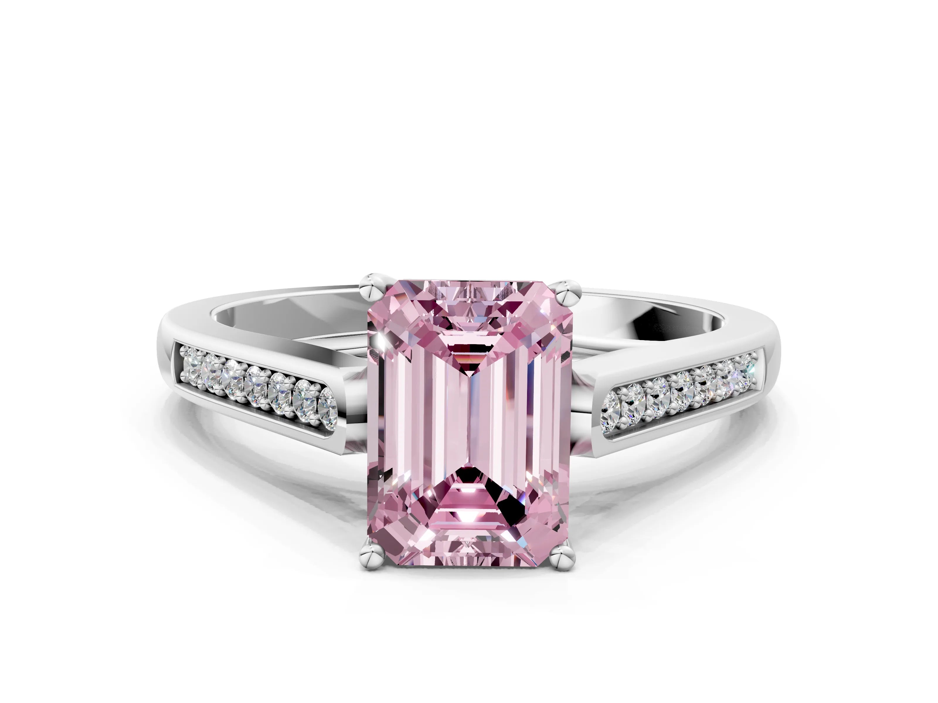 White gold Fancy Pink Emerald Cut Solitaire Cathedral Diamond Engagement Ring with Channel-Set Band and Four-Prong Setting_15