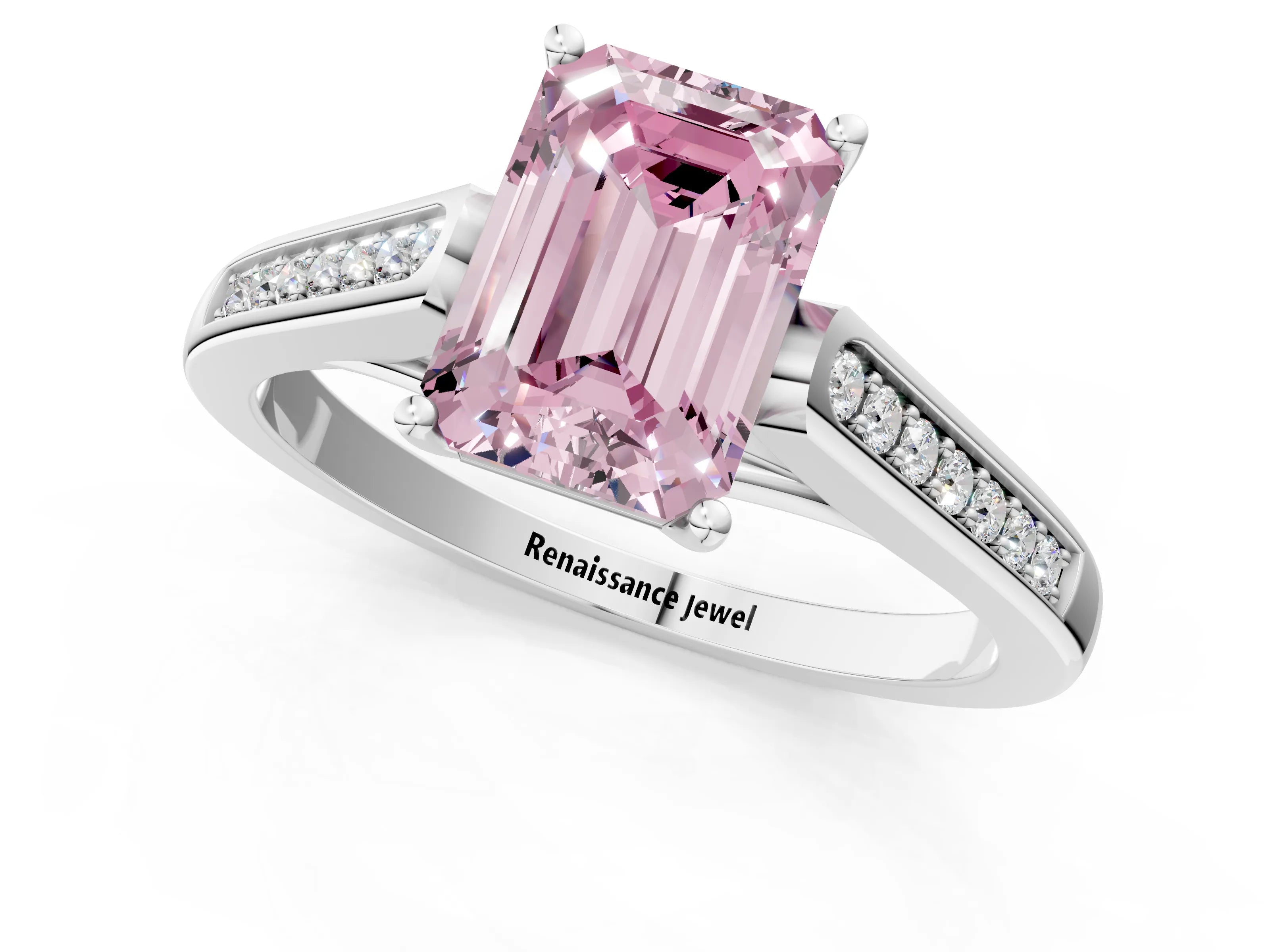 White gold Fancy Pink Emerald Cut Solitaire Cathedral Diamond Engagement Ring with Channel-Set Band and Four-Prong Setting_16