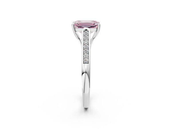White gold Fancy Pink Emerald Cut Solitaire Cathedral Diamond Engagement Ring with Channel-Set Band and Four-Prong Setting