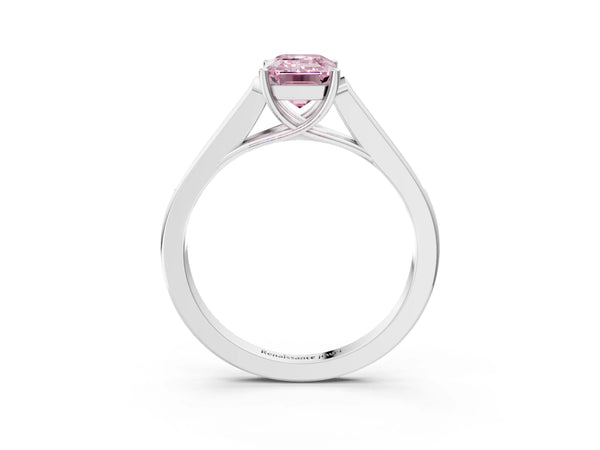 White gold Fancy Pink Emerald Cut Solitaire Cathedral Diamond Engagement Ring with Channel-Set Band and Four-Prong Setting
