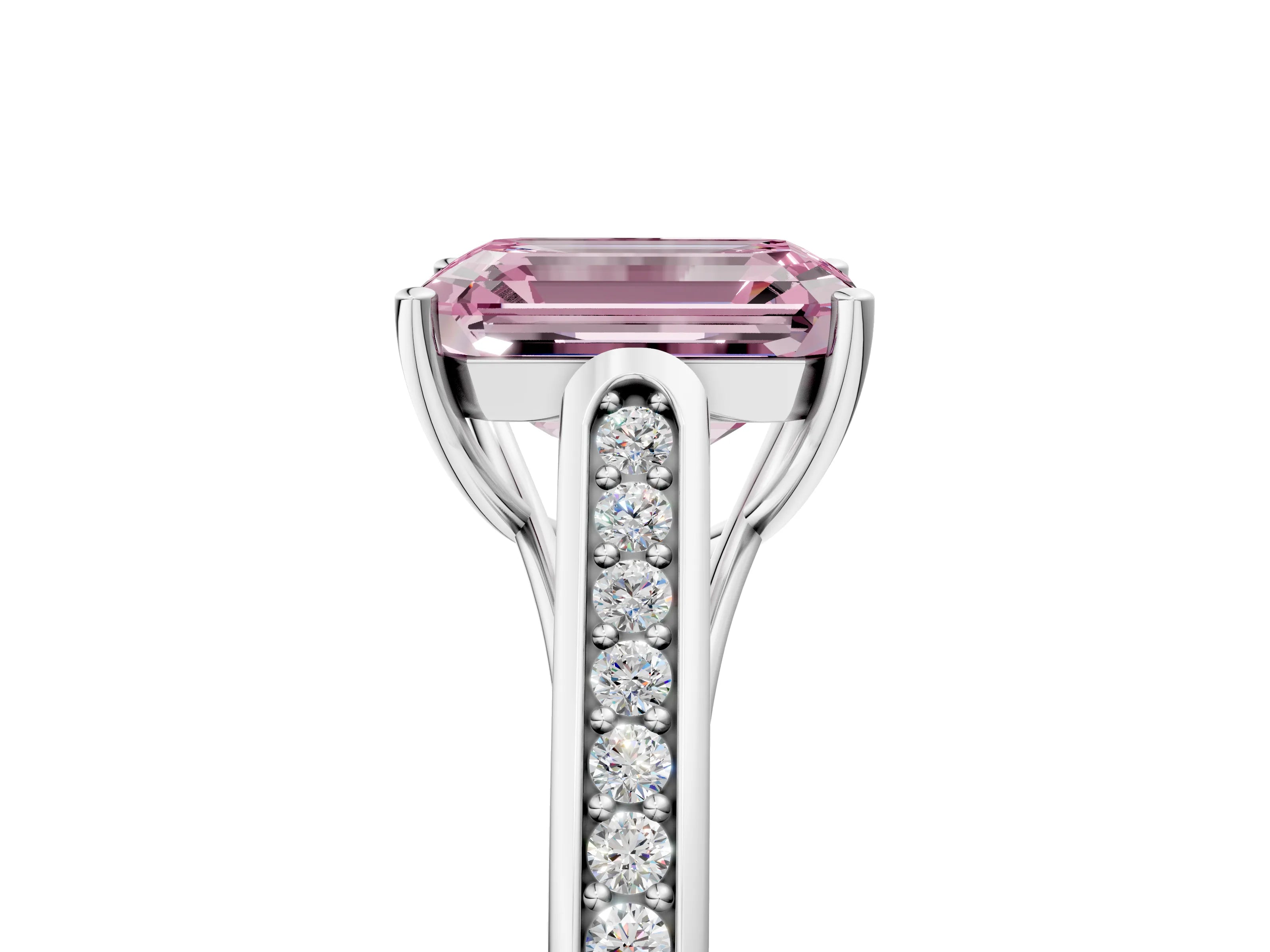 White gold Fancy Pink Emerald Cut Solitaire Cathedral Diamond Engagement Ring with Channel-Set Band and Four-Prong Setting_20
