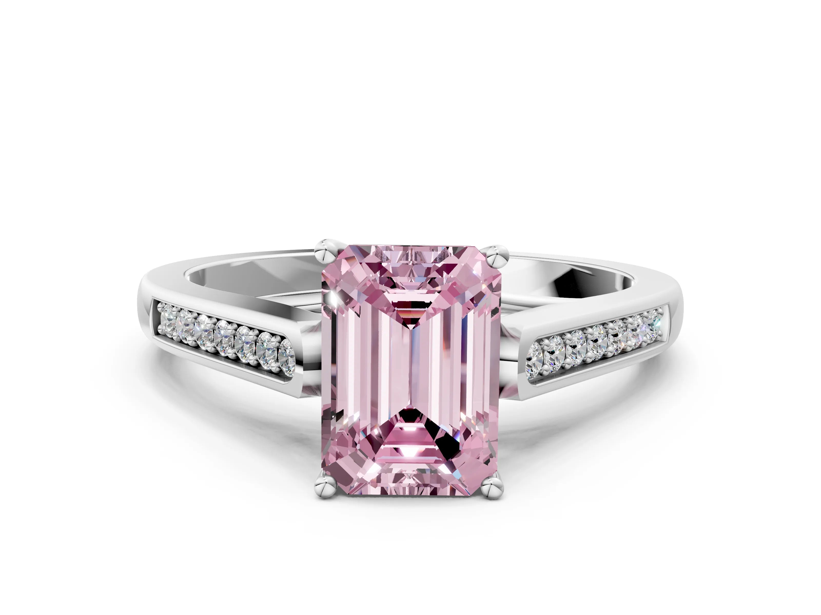 White gold Fancy Pink Emerald Cut Solitaire Cathedral Diamond Engagement Ring with Channel-Set Band and Four-Prong Setting_3