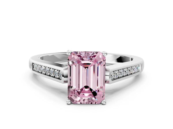 White gold Fancy Pink Emerald Cut Solitaire Cathedral Diamond Engagement Ring with Channel-Set Band and Four-Prong Setting