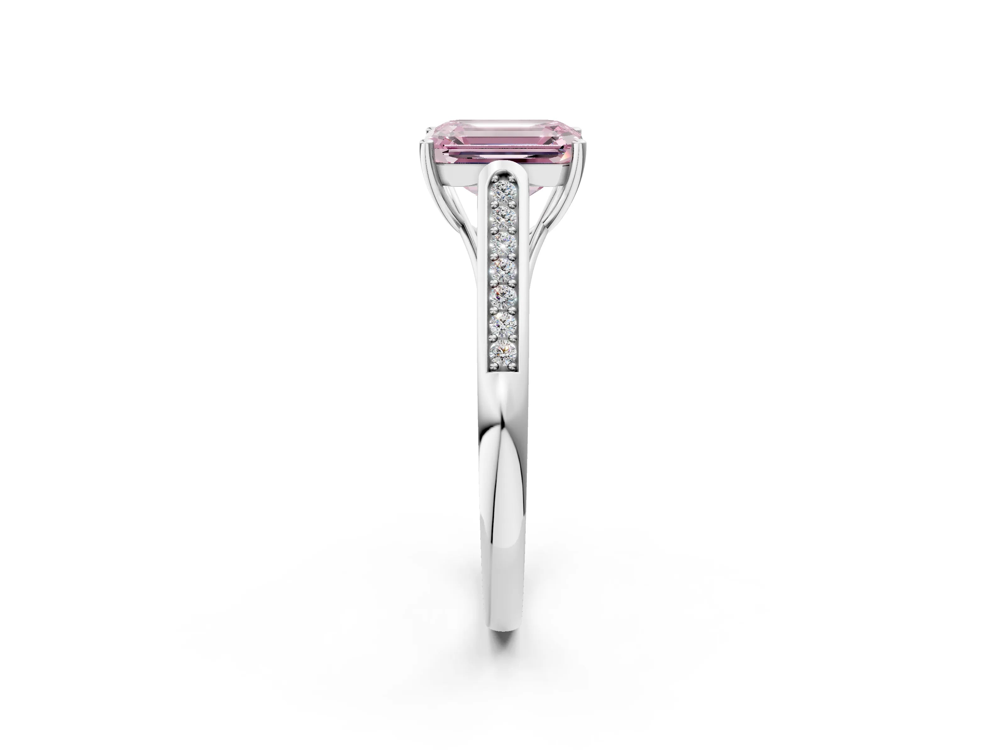 White gold Fancy Pink Emerald Cut Solitaire Cathedral Diamond Engagement Ring with Channel-Set Band and Four-Prong Setting_5
