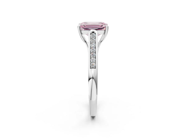 White gold Fancy Pink Emerald Cut Solitaire Cathedral Diamond Engagement Ring with Channel-Set Band and Four-Prong Setting