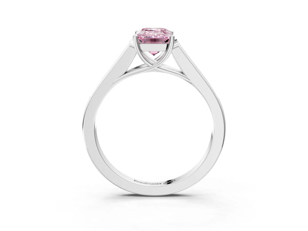 White gold Fancy Pink Emerald Cut Solitaire Cathedral Diamond Engagement Ring with Channel-Set Band and Four-Prong Setting