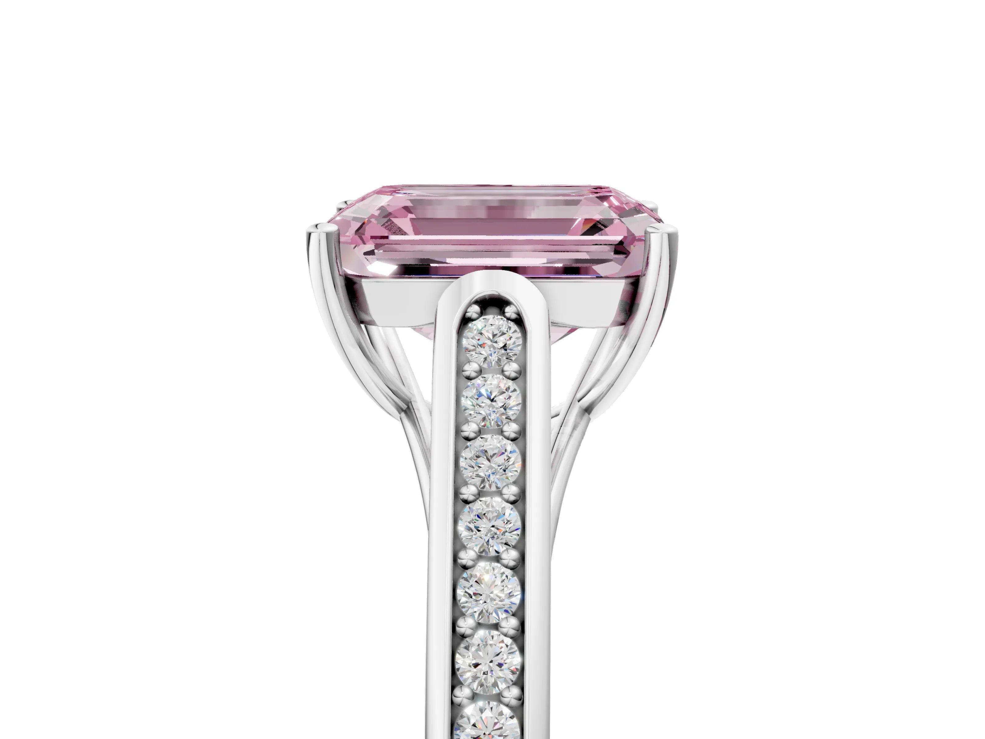 White gold Fancy Pink Emerald Cut Solitaire Cathedral Diamond Engagement Ring with Channel-Set Band and Four-Prong Setting_8