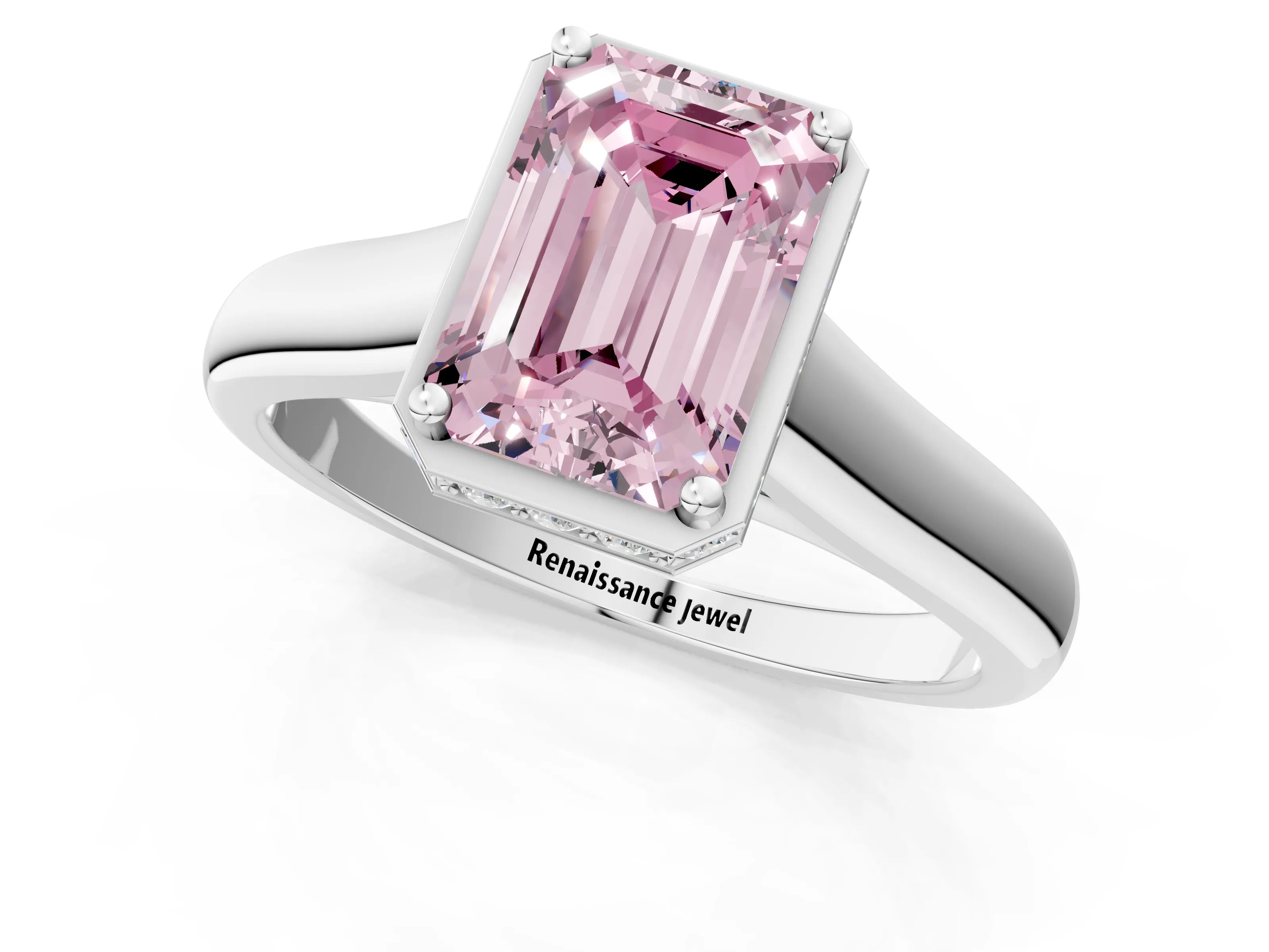 White gold Fancy Pink Emerald Cut Solitaire Diamond Engagement Ring with Four-Prong Setting and Tapered Band_13
