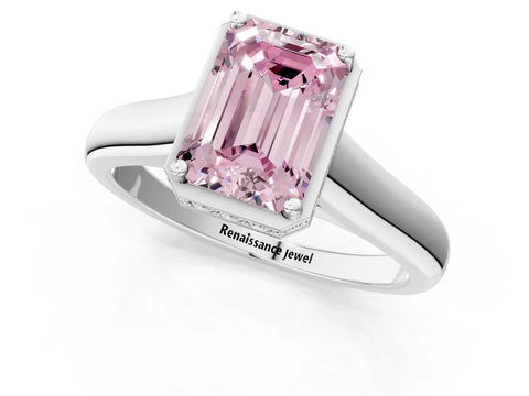White gold Fancy Pink Emerald Cut Solitaire Diamond Engagement Ring with Four-Prong Setting and Tapered Band_13