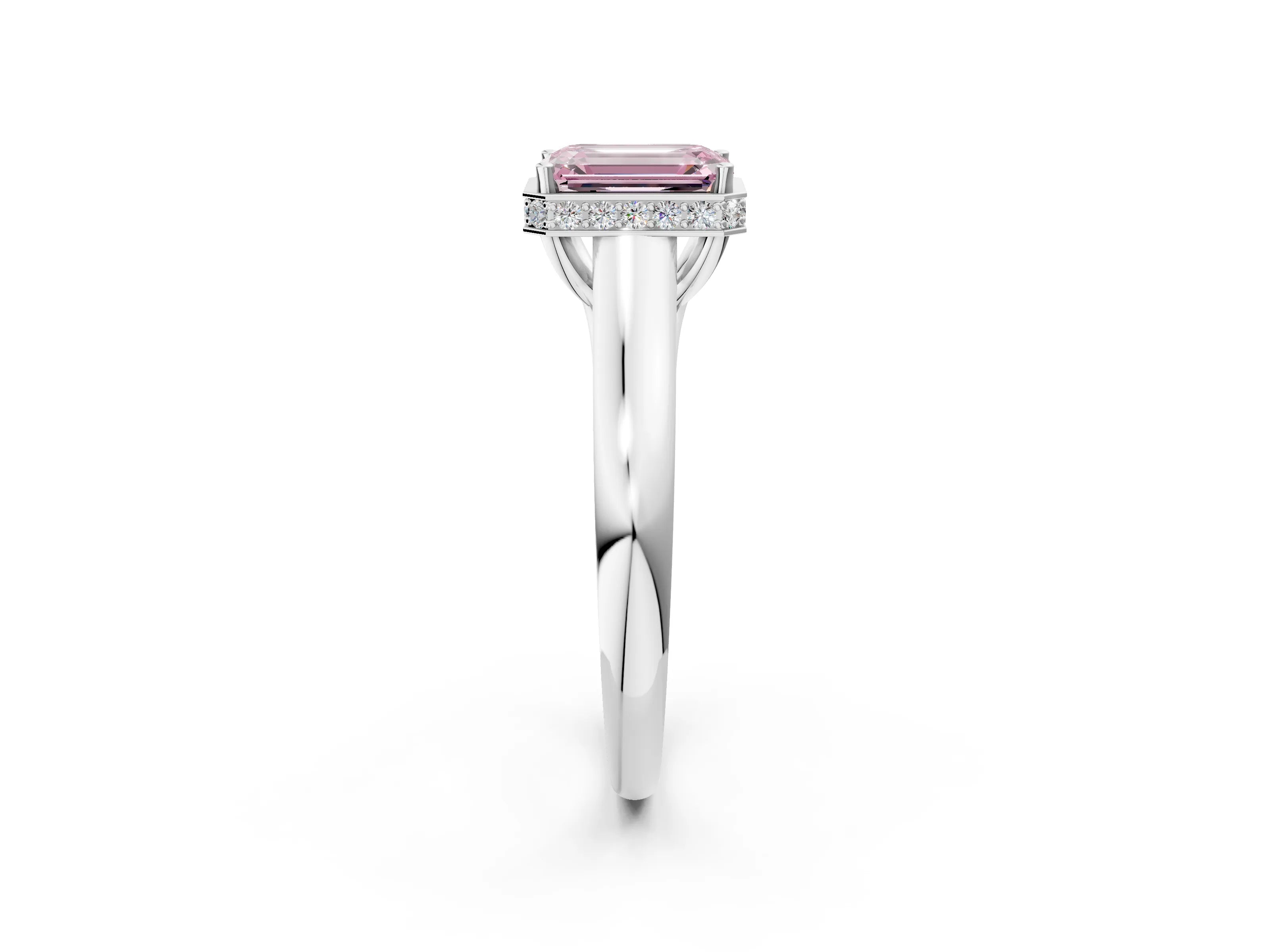 White gold Fancy Pink Emerald Cut Solitaire Diamond Engagement Ring with Four-Prong Setting and Tapered Band_14