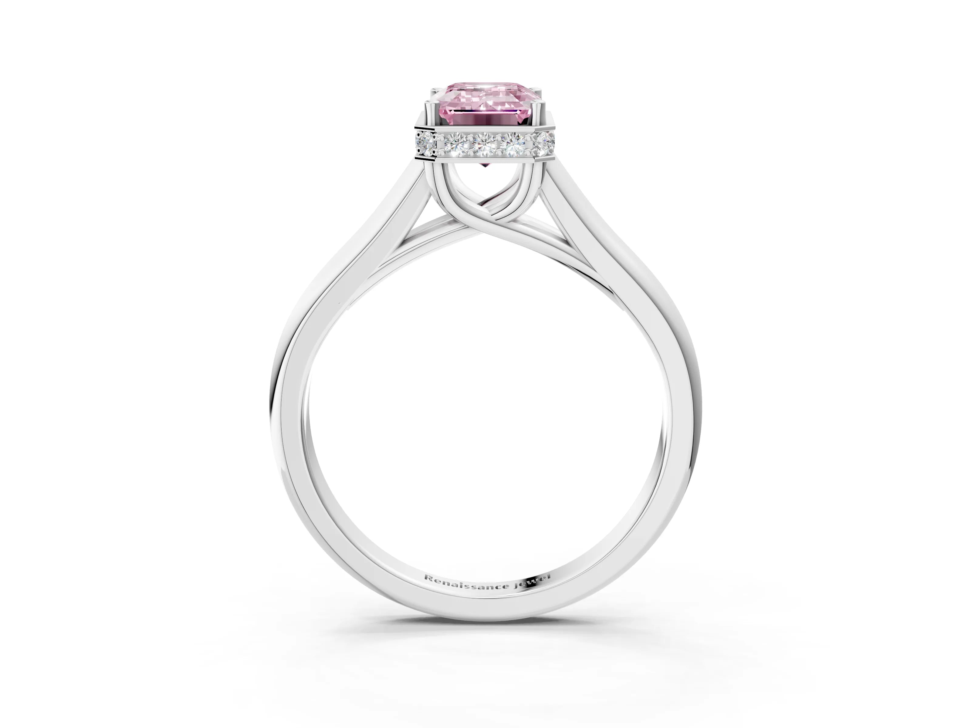 White gold Fancy Pink Emerald Cut Solitaire Diamond Engagement Ring with Four-Prong Setting and Tapered Band_15