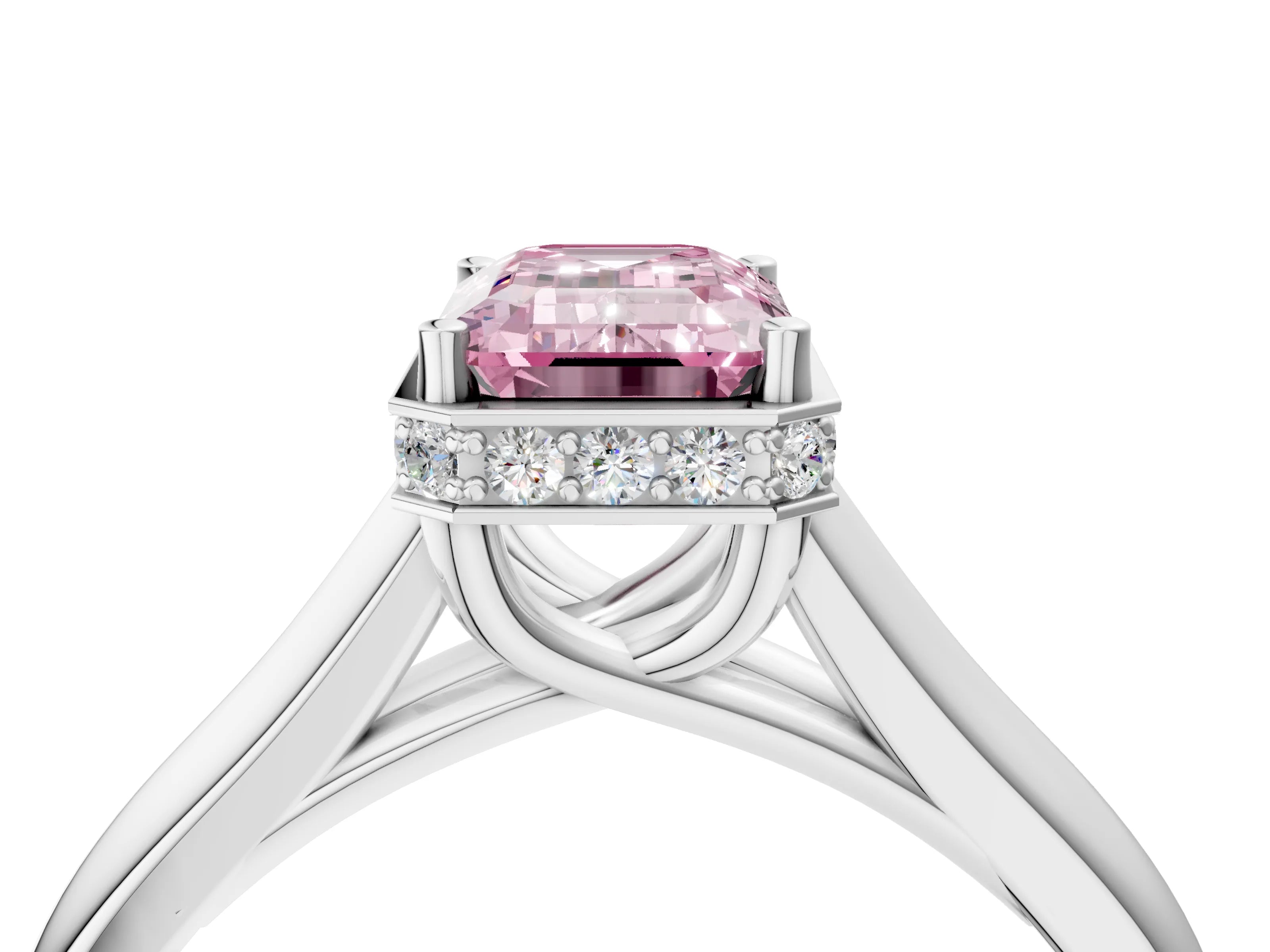 White gold Fancy Pink Emerald Cut Solitaire Diamond Engagement Ring with Four-Prong Setting and Tapered Band_16