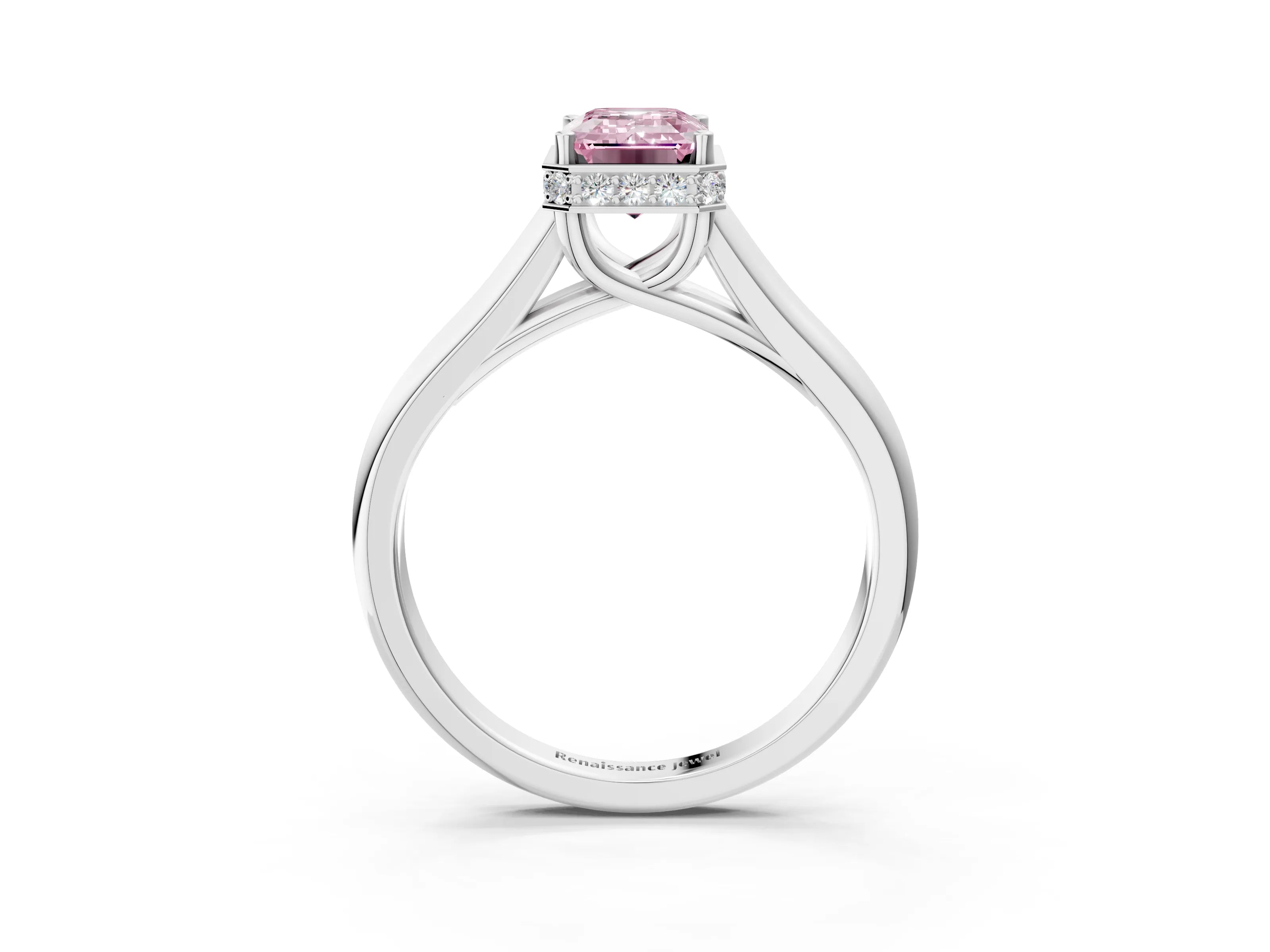 White gold Fancy Pink Emerald Cut Solitaire Diamond Engagement Ring with Four-Prong Setting and Tapered Band_3