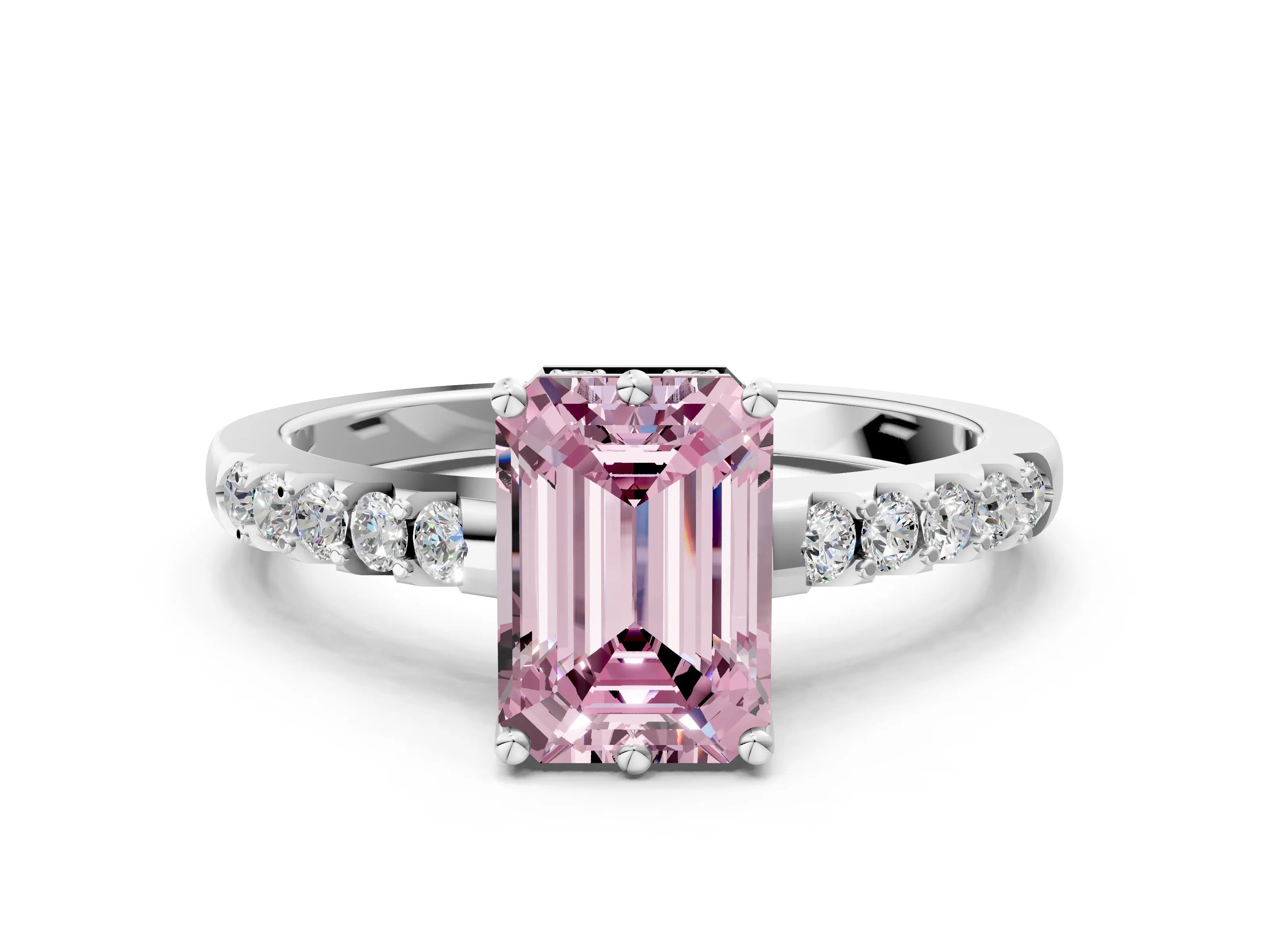 White gold Fancy Pink Emerald Cut Solitaire Diamond Engagement Ring with Pavé Band and Six-Prong Setting_12