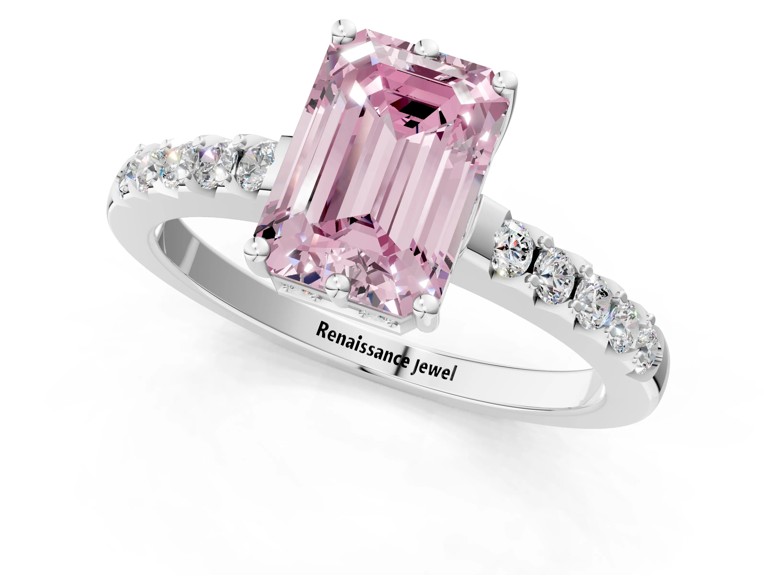 White gold Fancy Pink Emerald Cut Solitaire Diamond Engagement Ring with Pavé Band and Six-Prong Setting_13
