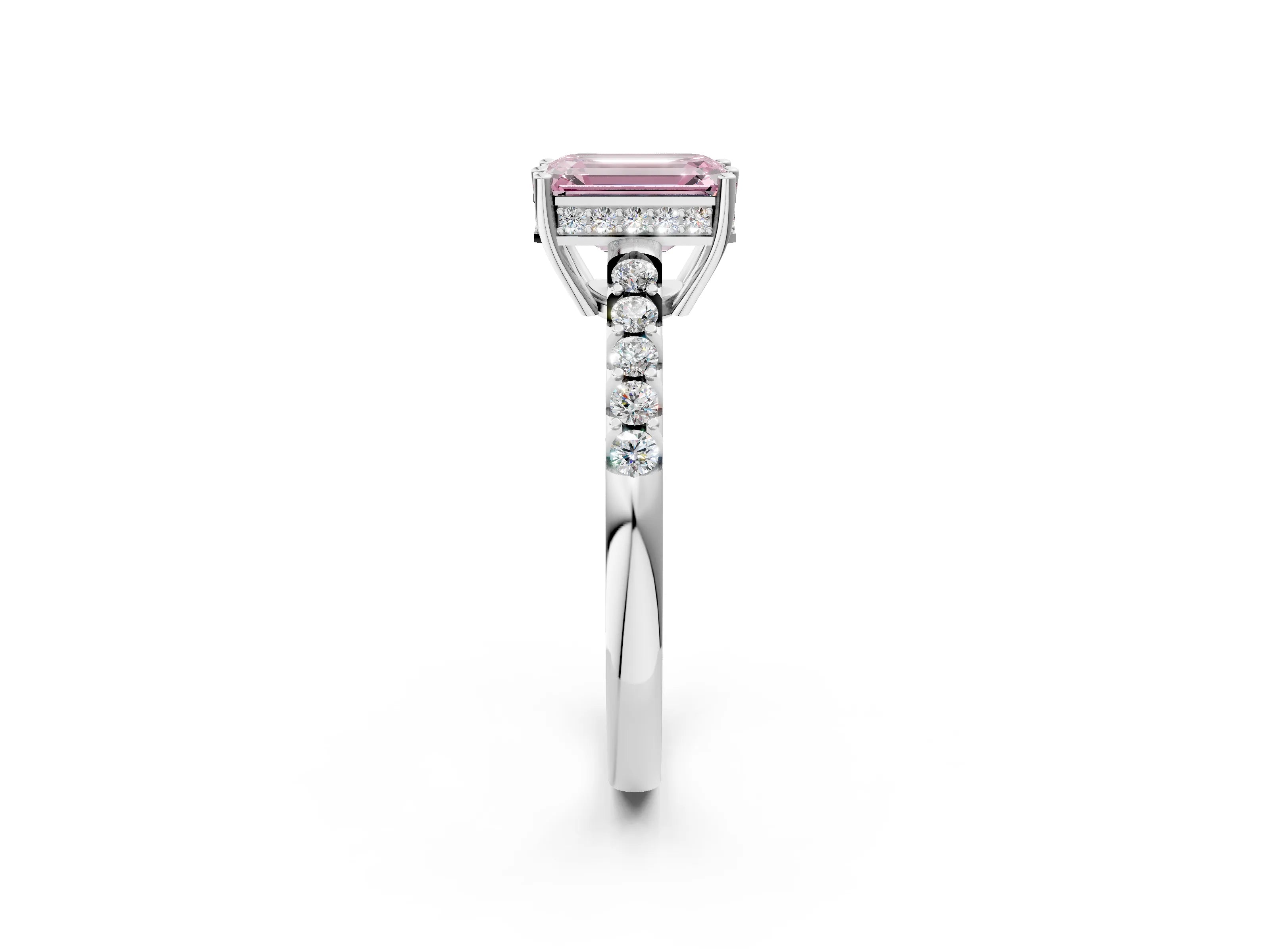 White gold Fancy Pink Emerald Cut Solitaire Diamond Engagement Ring with Pavé Band and Six-Prong Setting_14