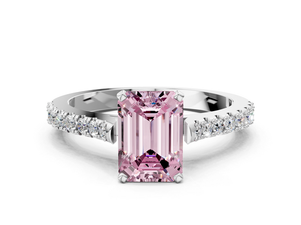 White gold Fancy Pink Emerald  Cut Solitaire Diamond Engagement Ring with Pave Band and Four-Prong Setting