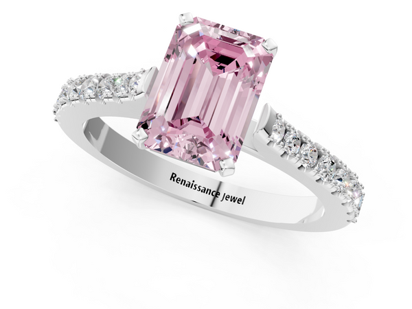 White gold Fancy Pink Emerald  Cut Solitaire Diamond Engagement Ring with Pave Band and Four-Prong Setting