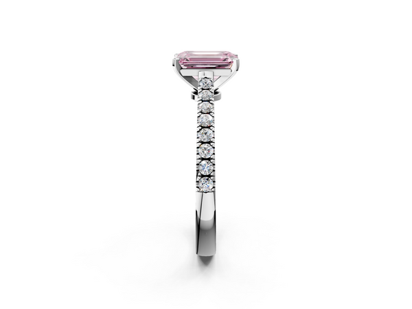 White gold Fancy Pink Emerald  Cut Solitaire Diamond Engagement Ring with Pave Band and Four-Prong Setting