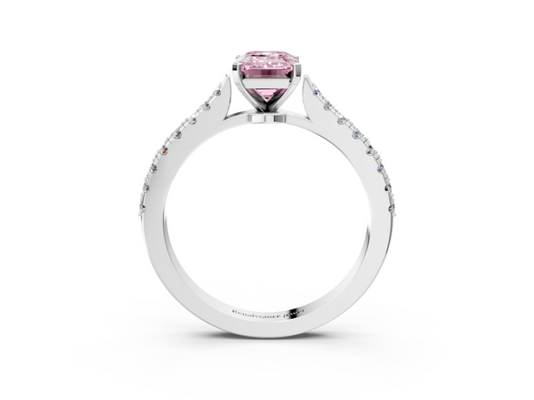 White gold Fancy Pink Emerald  Cut Solitaire Diamond Engagement Ring with Pave Band and Four-Prong Setting