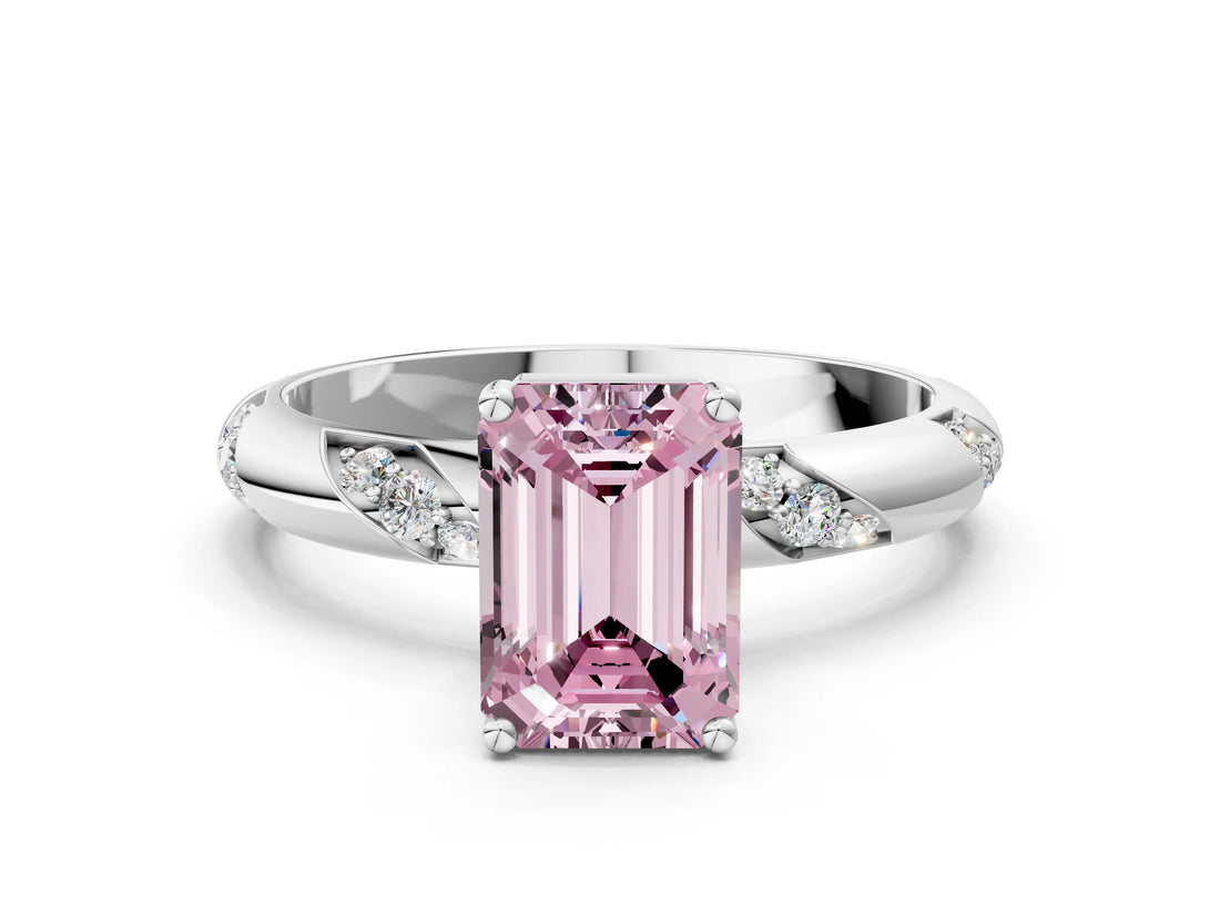 White gold Fancy Pink Emerald Cut Solitaire Diamond Engagement Ring with Twisted Pave Band and Four-Prong Setting_19