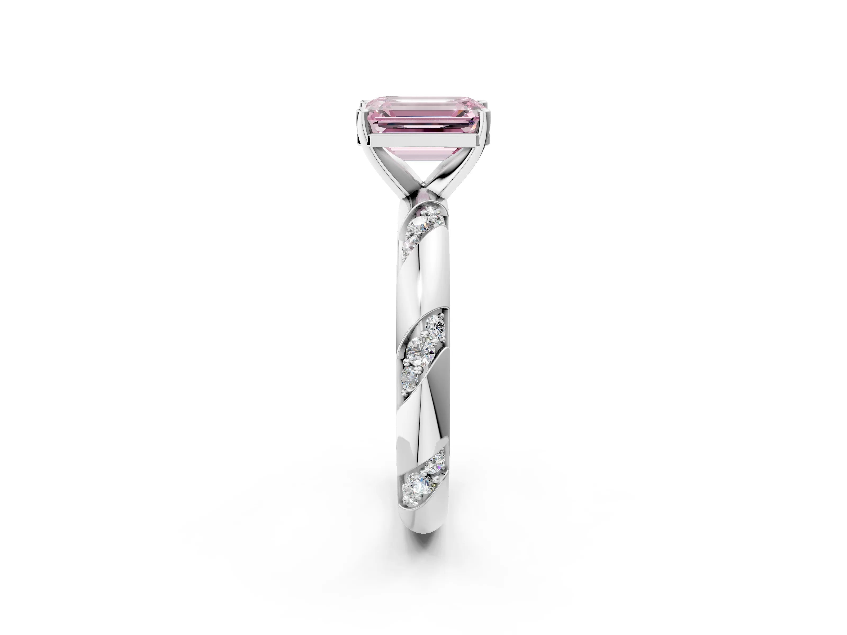 White gold Fancy Pink Emerald Cut Solitaire Diamond Engagement Ring with Twisted Pave Band and Four-Prong Setting_21