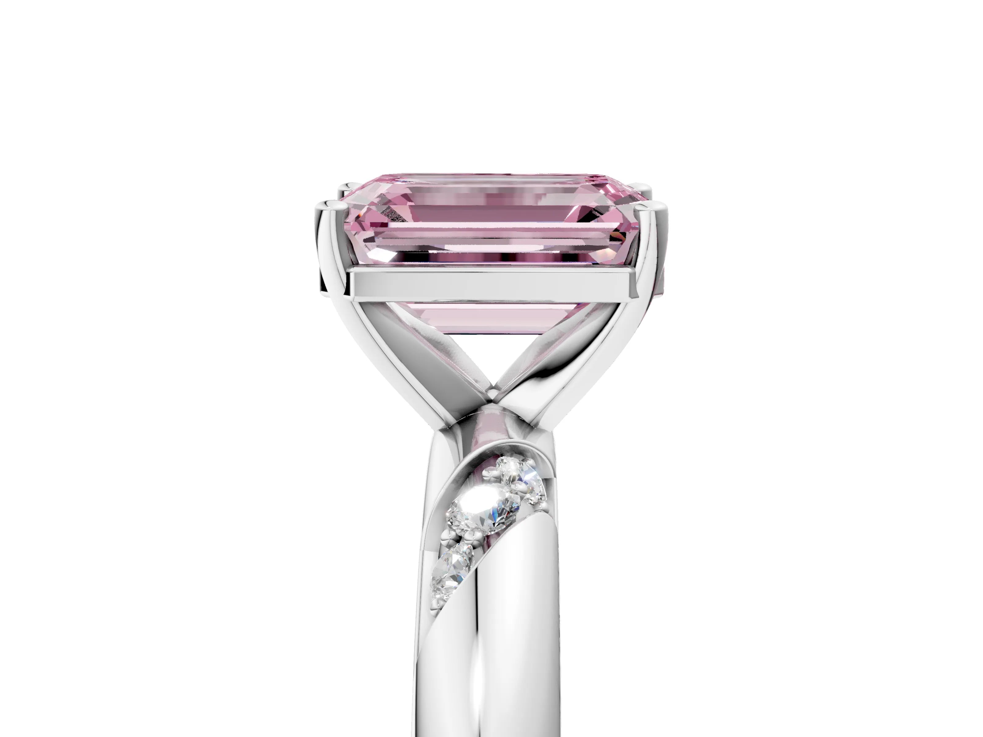 White gold Fancy Pink Emerald Cut Solitaire Diamond Engagement Ring with Twisted Pave Band and Four-Prong Setting_24