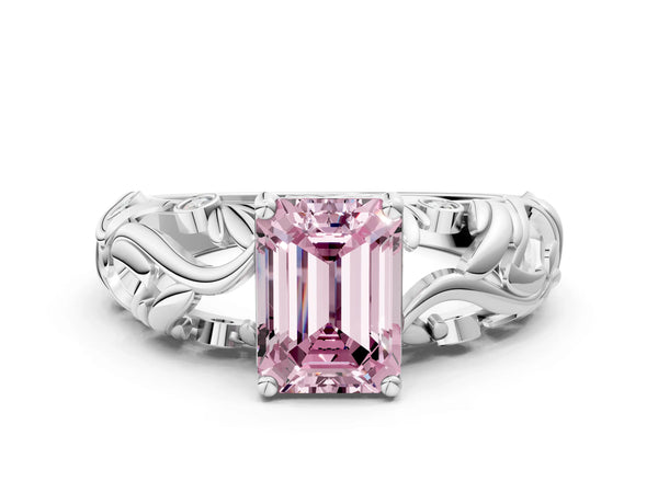 Platinum Fancy Pink Emerald Cut Solitaire Diamond Leaf-Inspired Vine Band Ring with Prong Setting