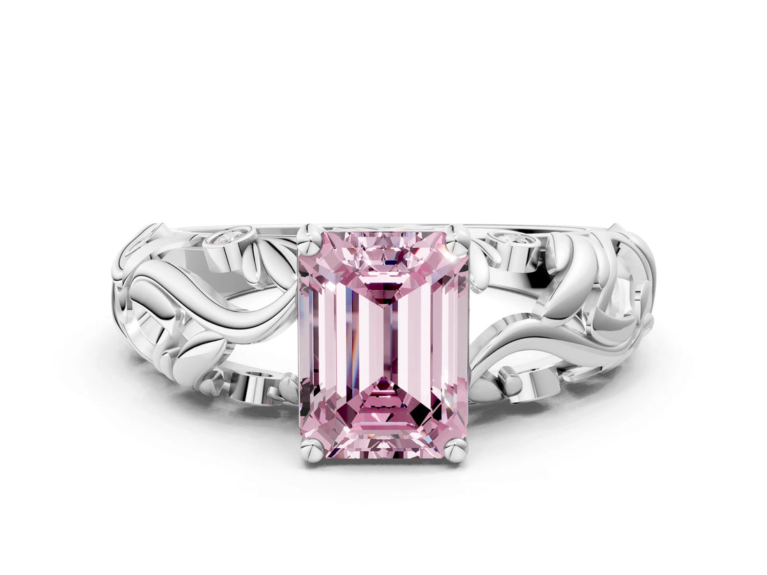White gold Fancy Pink Emerald Cut Solitaire Diamond Leaf-Inspired Vine Band Ring with Prong Setting_41