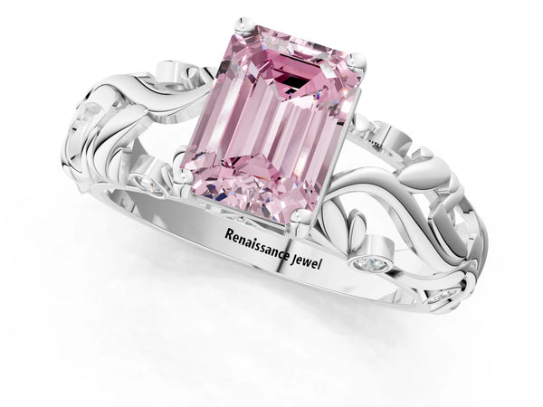 Platinum Fancy Pink Emerald Cut Solitaire Diamond Leaf-Inspired Vine Band Ring with Prong Setting