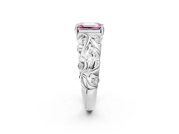 Platinum Fancy Pink Emerald Cut Solitaire Diamond Leaf-Inspired Vine Band Ring with Prong Setting