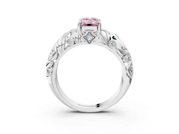 Platinum Fancy Pink Emerald Cut Solitaire Diamond Leaf-Inspired Vine Band Ring with Prong Setting