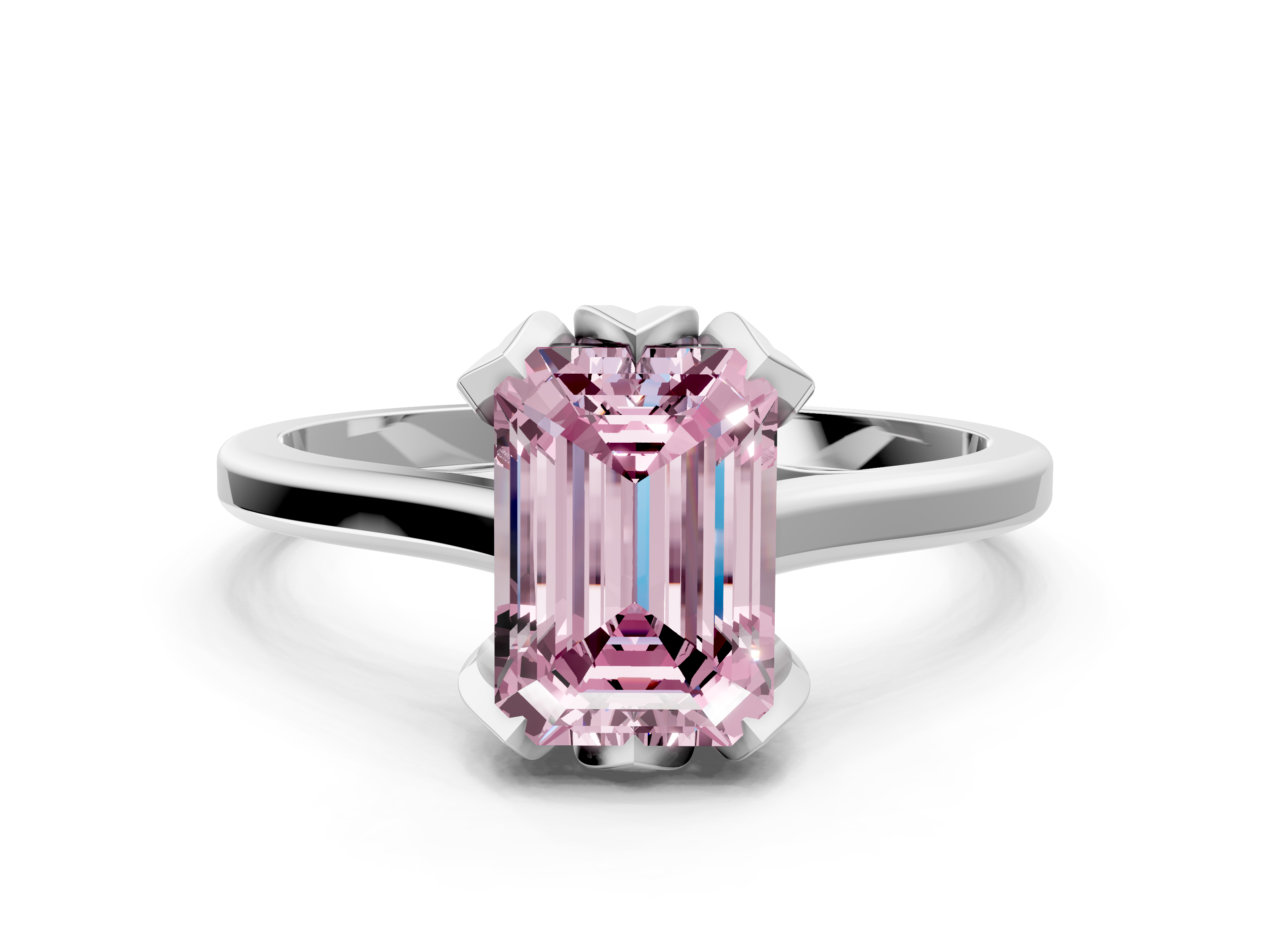 White gold Fancy Pink Emerald  Cut Solitaire Diamond Ring with Flower-Prong Setting and Classic Band_35