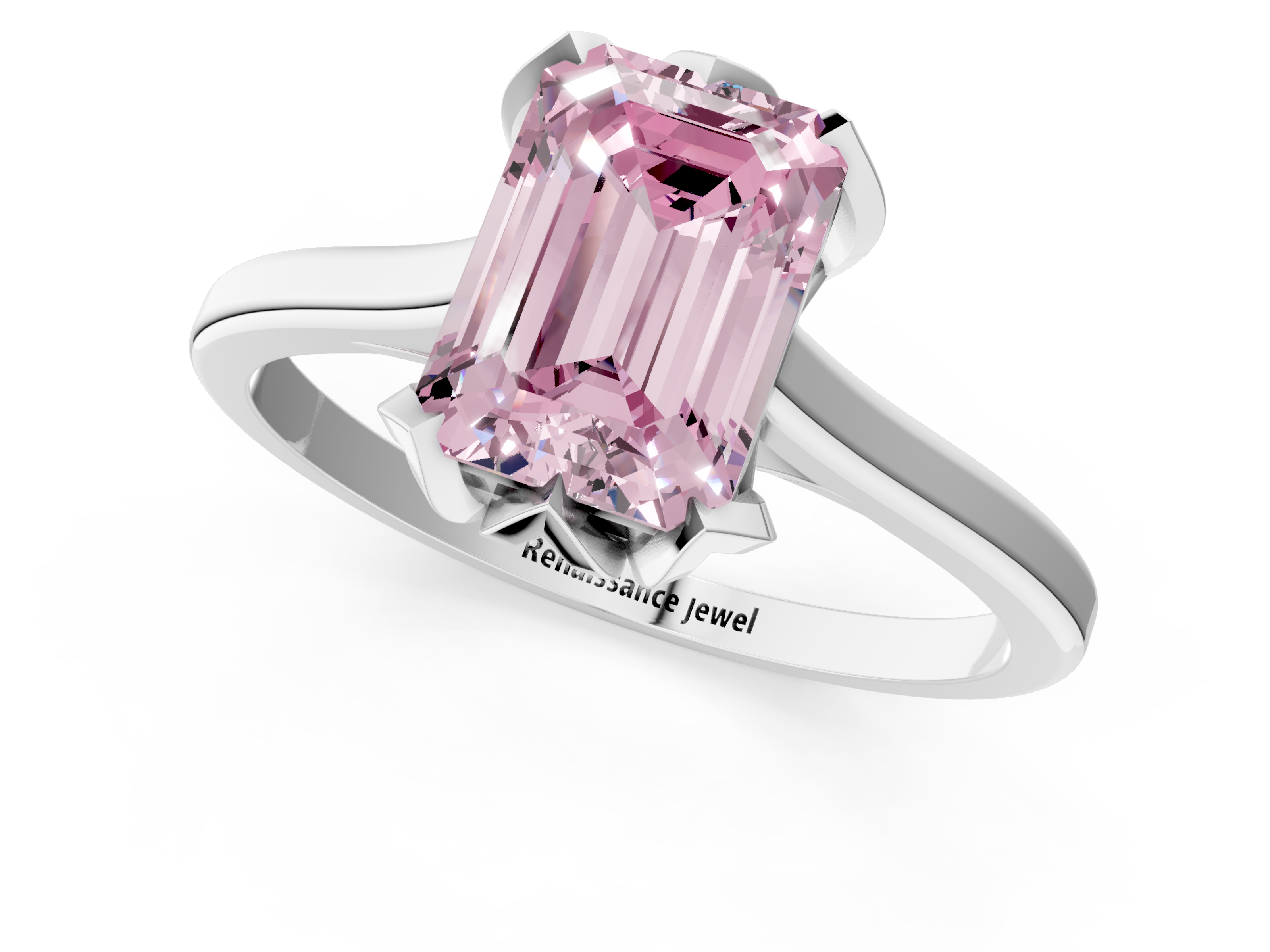 White gold Fancy Pink Emerald  Cut Solitaire Diamond Ring with Flower-Prong Setting and Classic Band_36