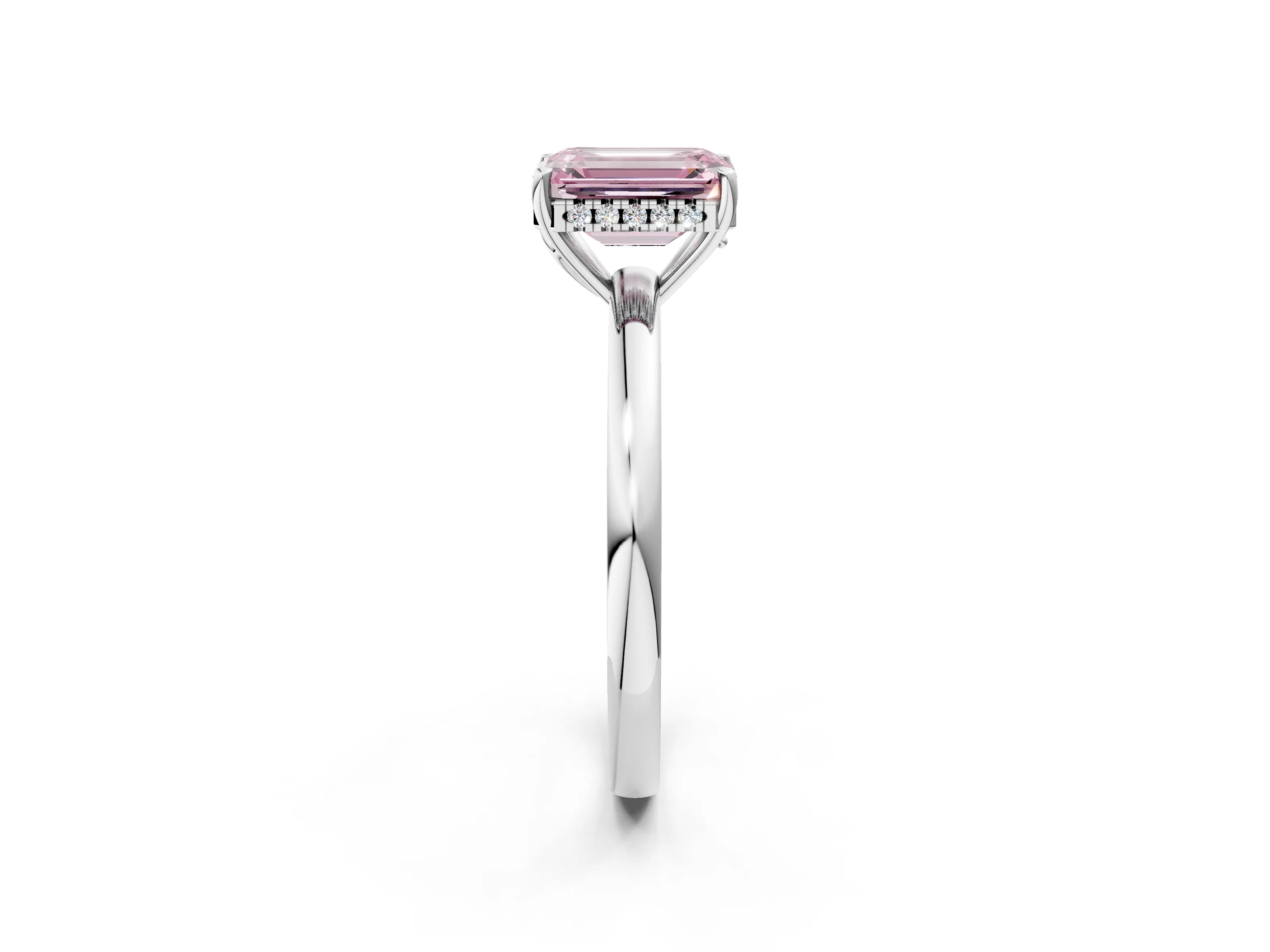White gold Fancy Pink Emerald Cut Solitaire Diamond Ring with Prong Setting and Plain Band_14