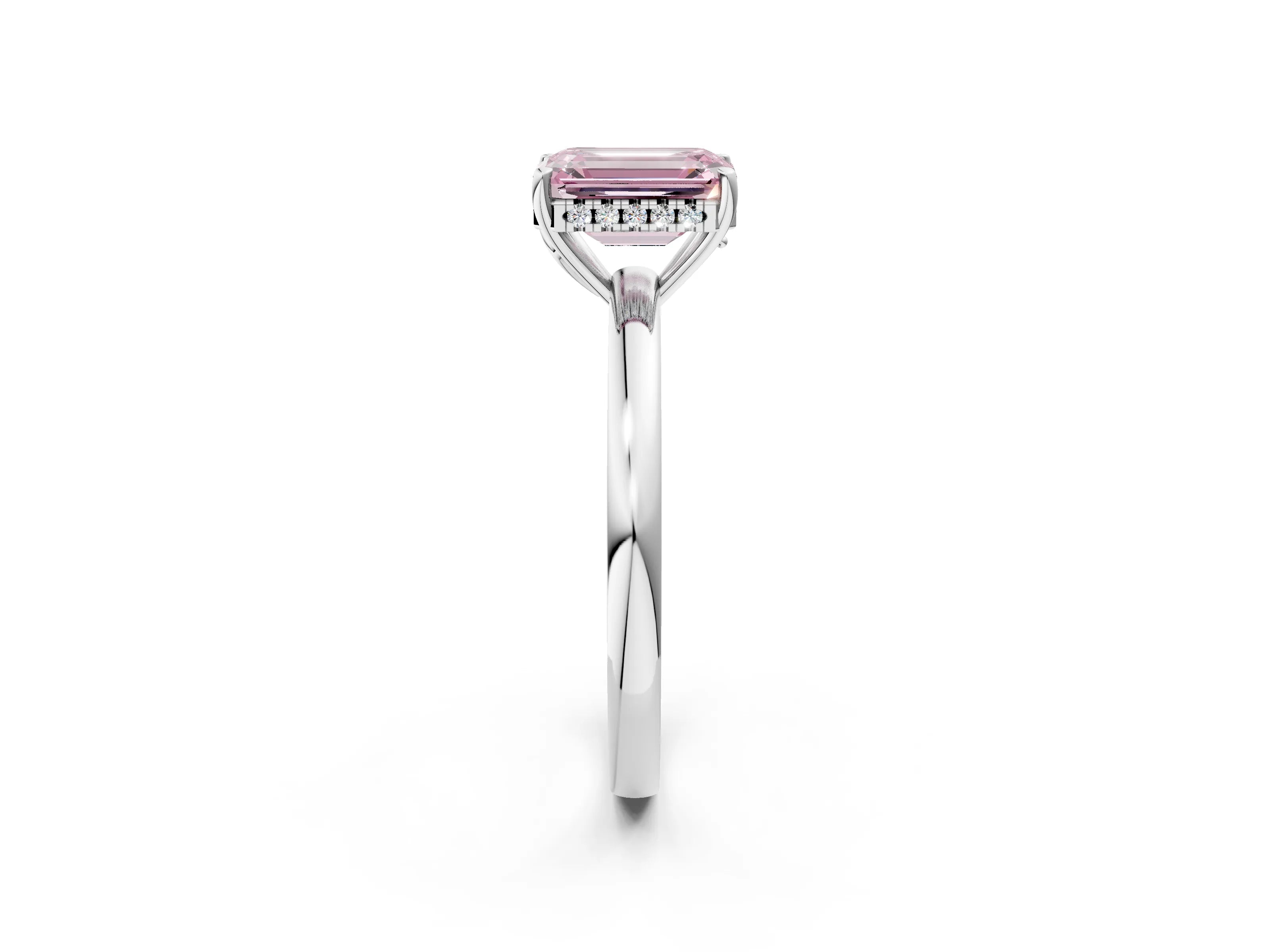 White gold Fancy Pink Emerald Cut Solitaire Diamond Ring with Prong Setting and Plain Band_14