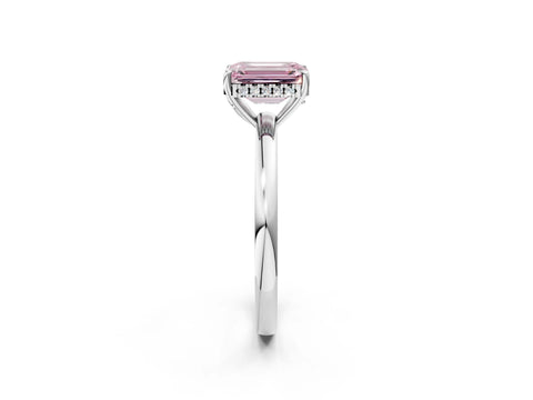 White gold Fancy Pink Emerald Cut Solitaire Diamond Ring with Prong Setting and Plain Band_14