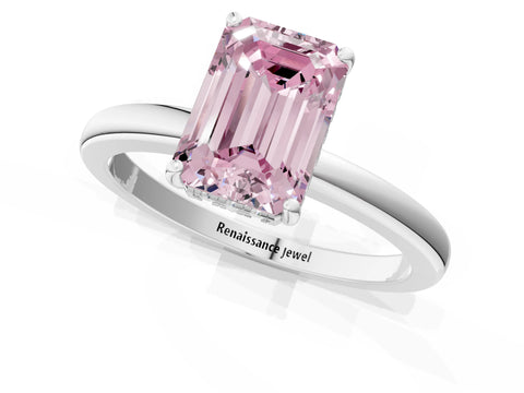 White gold Fancy Pink Emerald Cut Solitaire Diamond Ring with Prong Setting and Plain Band_25
