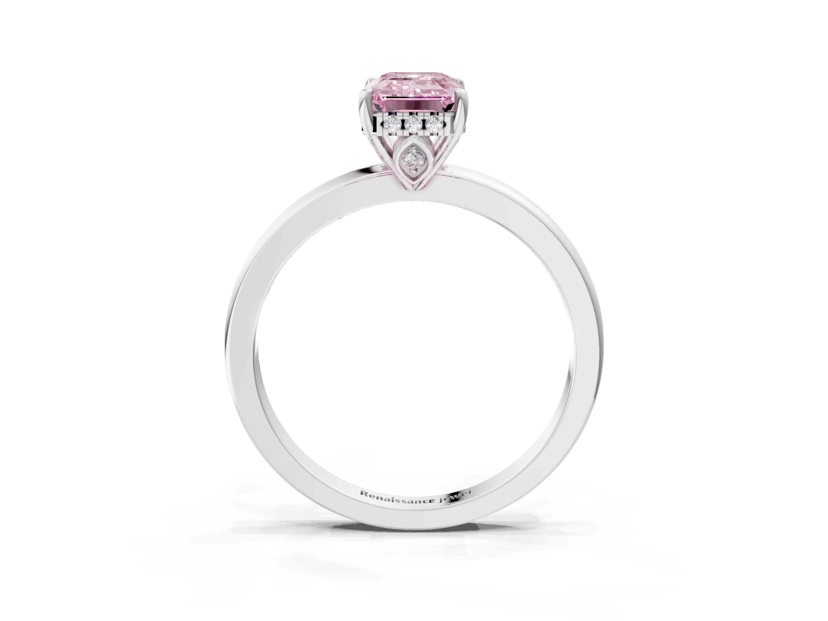 White gold Fancy Pink Emerald Cut Solitaire Diamond Ring with Prong Setting and Plain Band_27