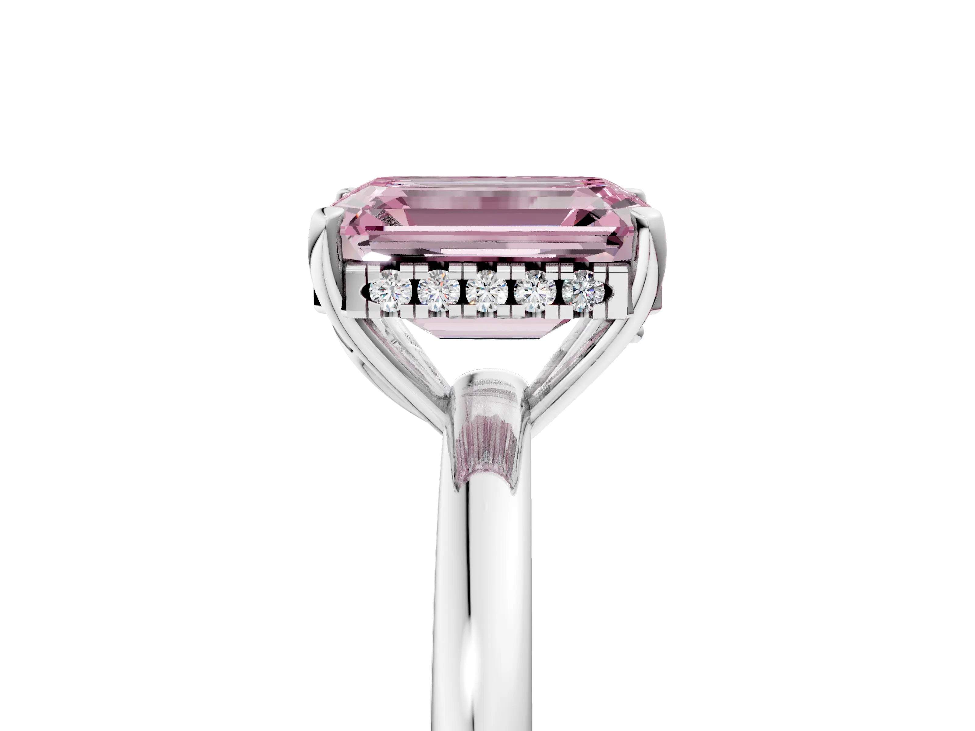White gold Fancy Pink Emerald Cut Solitaire Diamond Ring with Prong Setting and Plain Band_29
