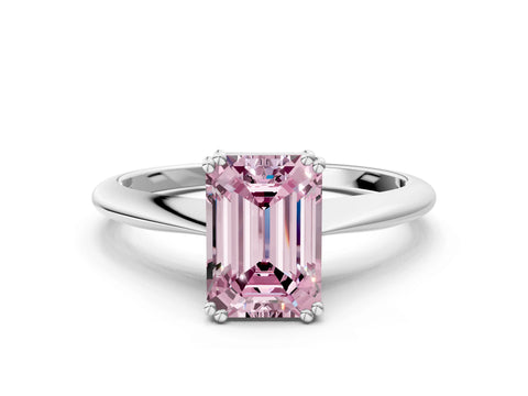 White gold Fancy Pink Emerald Cut Solitaire Diamond Ring with Six-Prong Setting and Classic Band