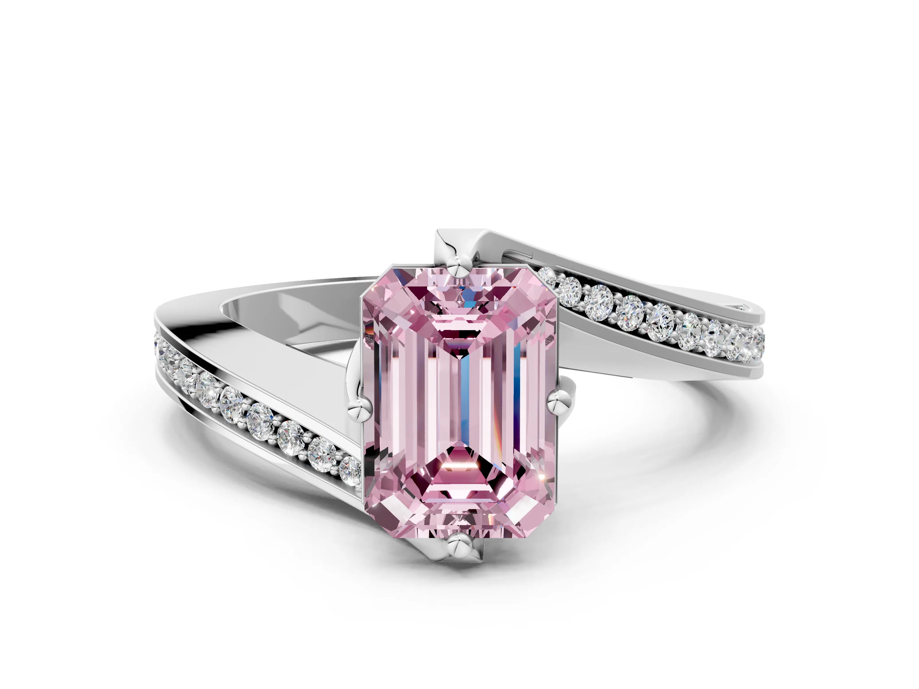 White gold Fancy Pink Emerald Cut Solitaire Diamond Twist Band with Pavé Setting and Four-Prong Setting_12