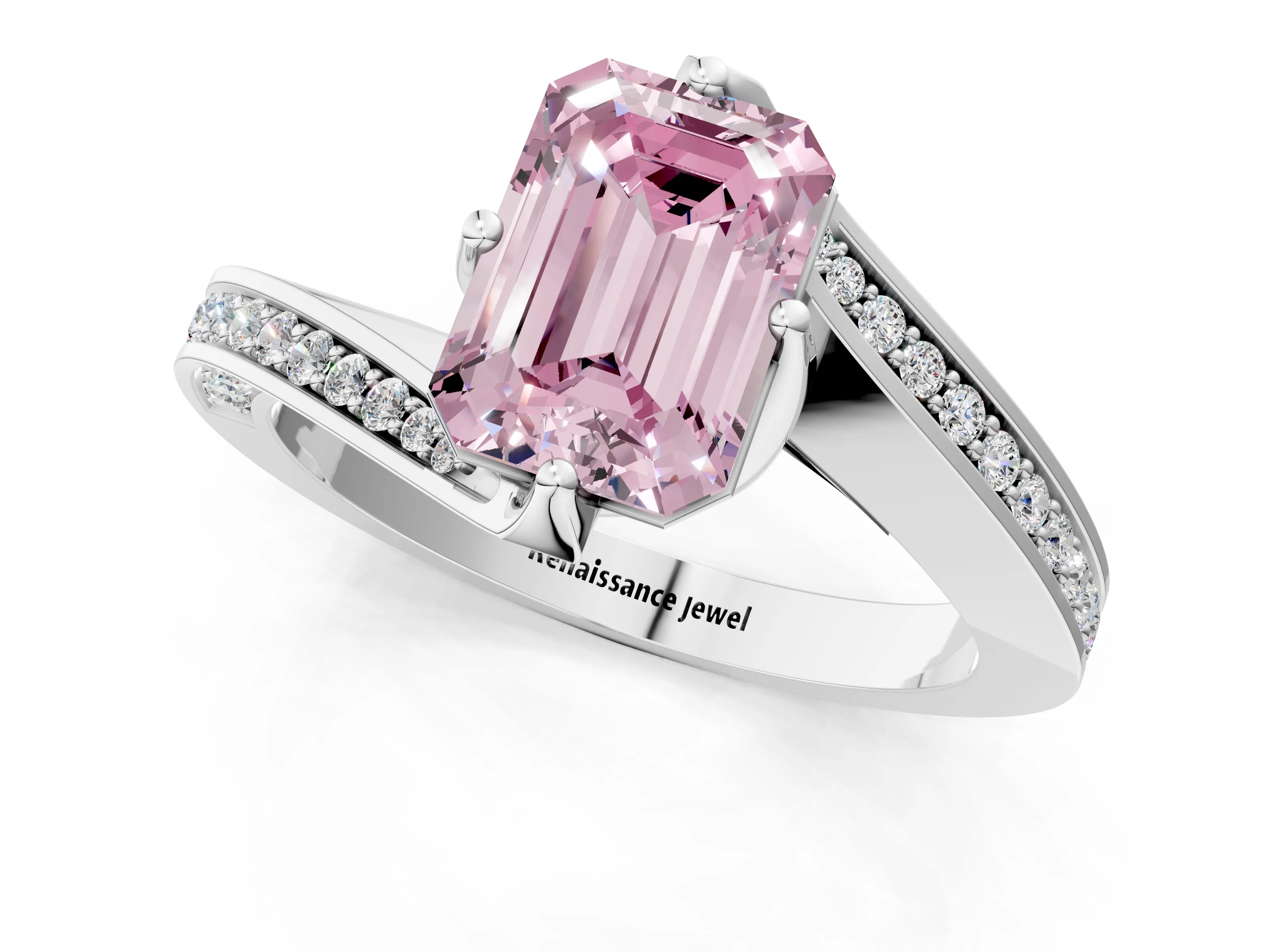 White gold Fancy Pink Emerald Cut Solitaire Diamond Twist Band with Pavé Setting and Four-Prong Setting_13